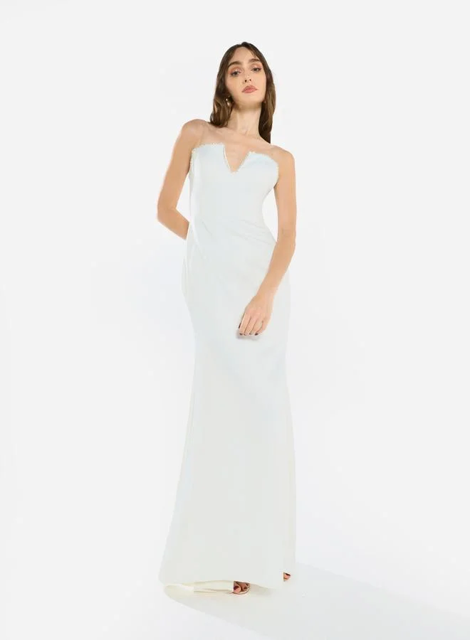 هاوس اوف مودا فستان سهرة كريب بتصميم محدد وبدون حمالات